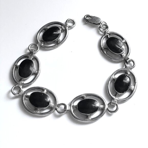 Vintage Handmade Sterling Silver Black Onyx Round Link Segment Bracelet 7.5" - Picture 1 of 5